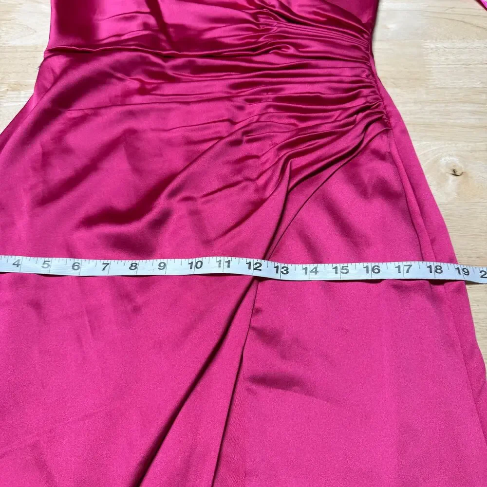 Mac Duggal NWT Pink Satin Ruched V-Neck Faux Wrap Midi Dress Size 4 Sleeveless - Picture 9 of 10